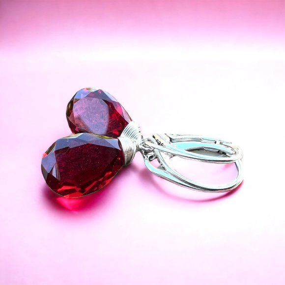 Sterling Silver Ruby Earrings Wire Wrapped , July Birthstone , 40th Anniversary - Picture 5 of 8